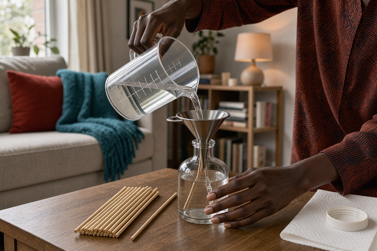 hands pouring a clear diffuser base liquid into a narrow-necked glass vase with a funnel, rattan sticks laid beside the vase, cozy home interior