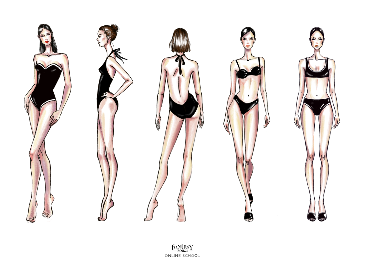 Fashion sketch without croquis compared with the same figure built on a croquis template, showing how structure helps keep proportions and clothing placement consistent.