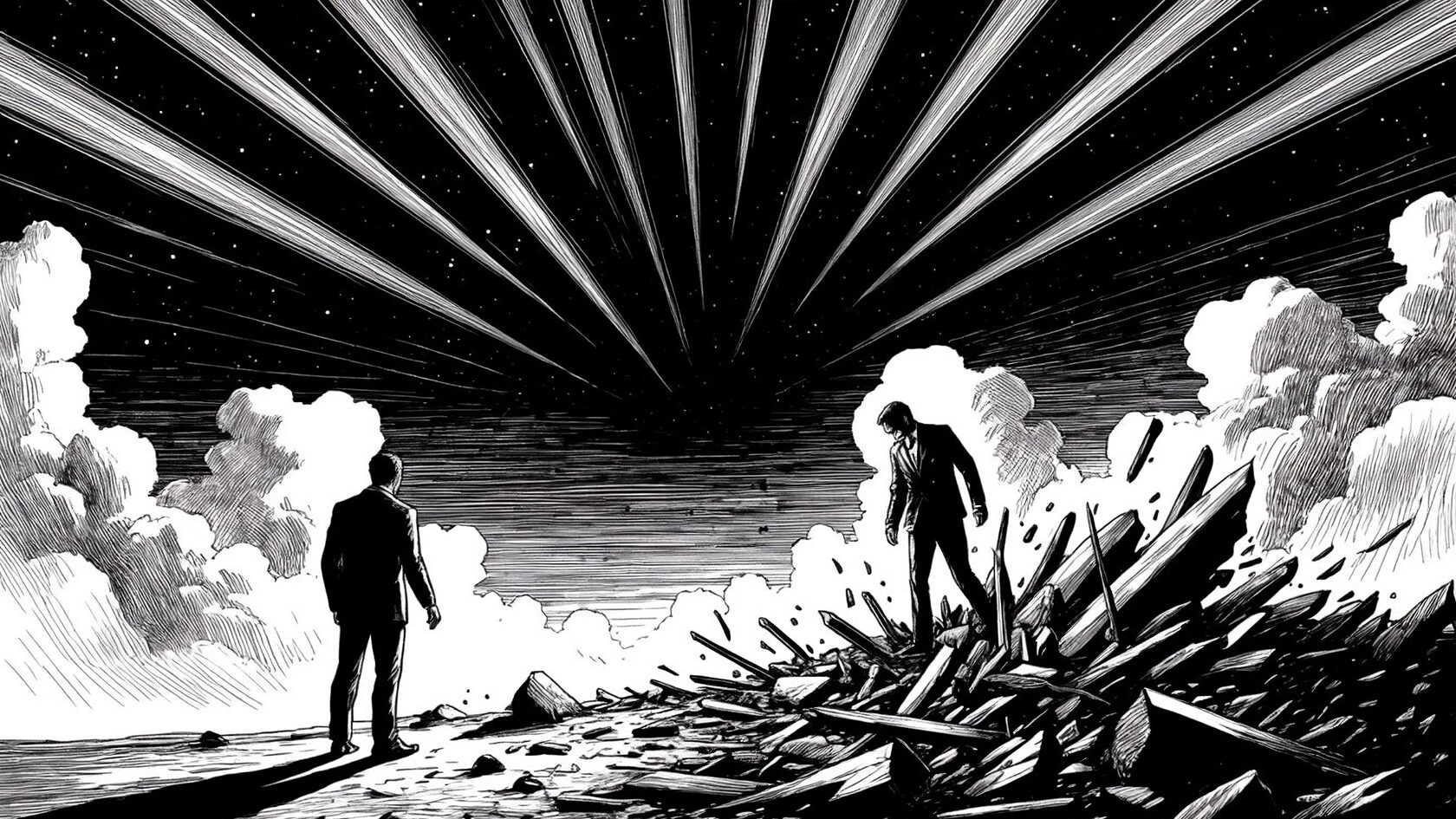 Черно-белый рисунок людей в обломках разрушенных зданий