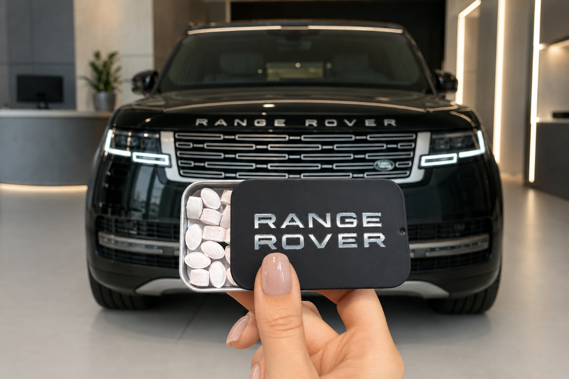 Драже Range Rover в индивидуальной чёрной упаковке на фоне автомобиля в шоуруме