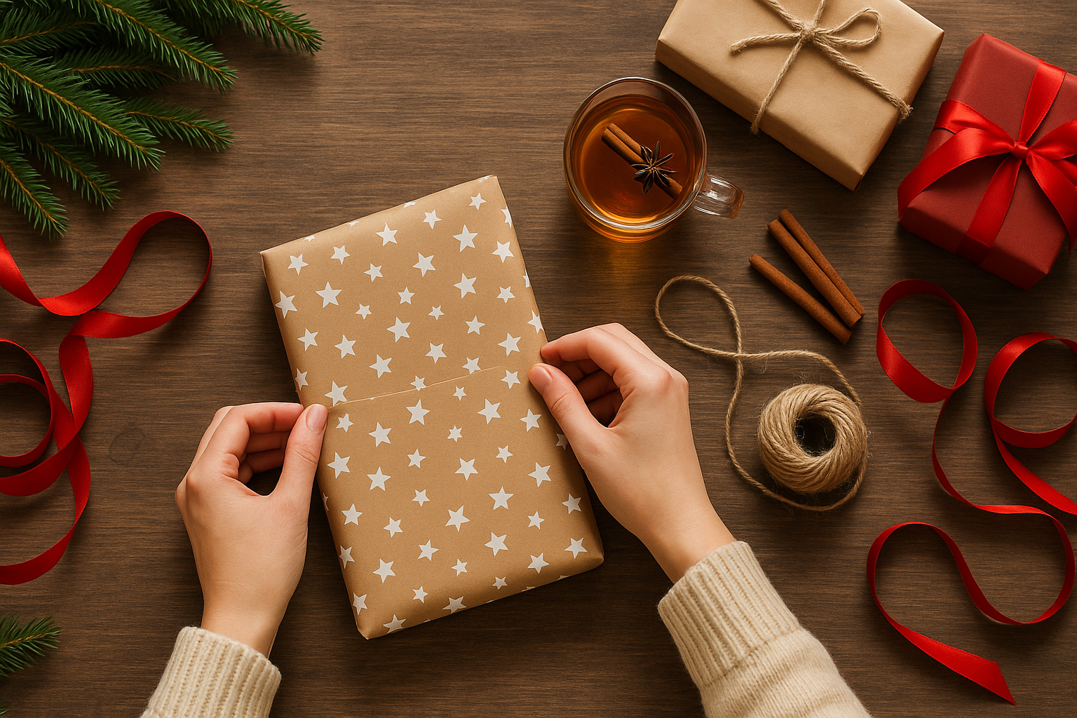 Женские руки аккуратно заворачивают новогодний подарок в подарочную бумагу