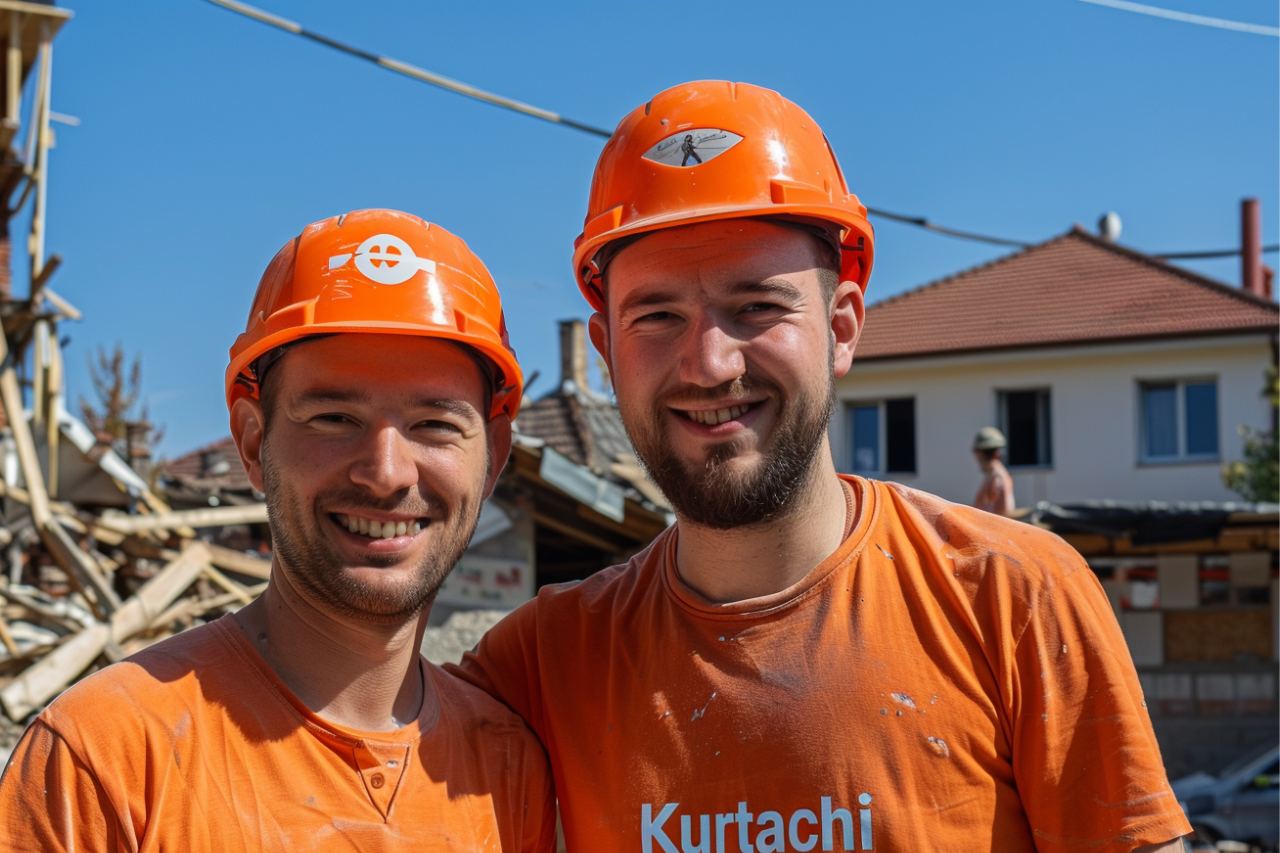 два къртачи се смеят като правят къртене на стена