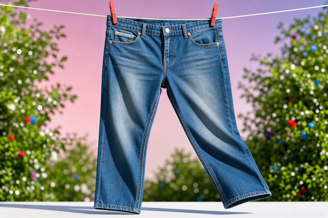 Pair of blue jeans hanging on a line to air dry outdoors, close-up showing denim texture but no brand labels