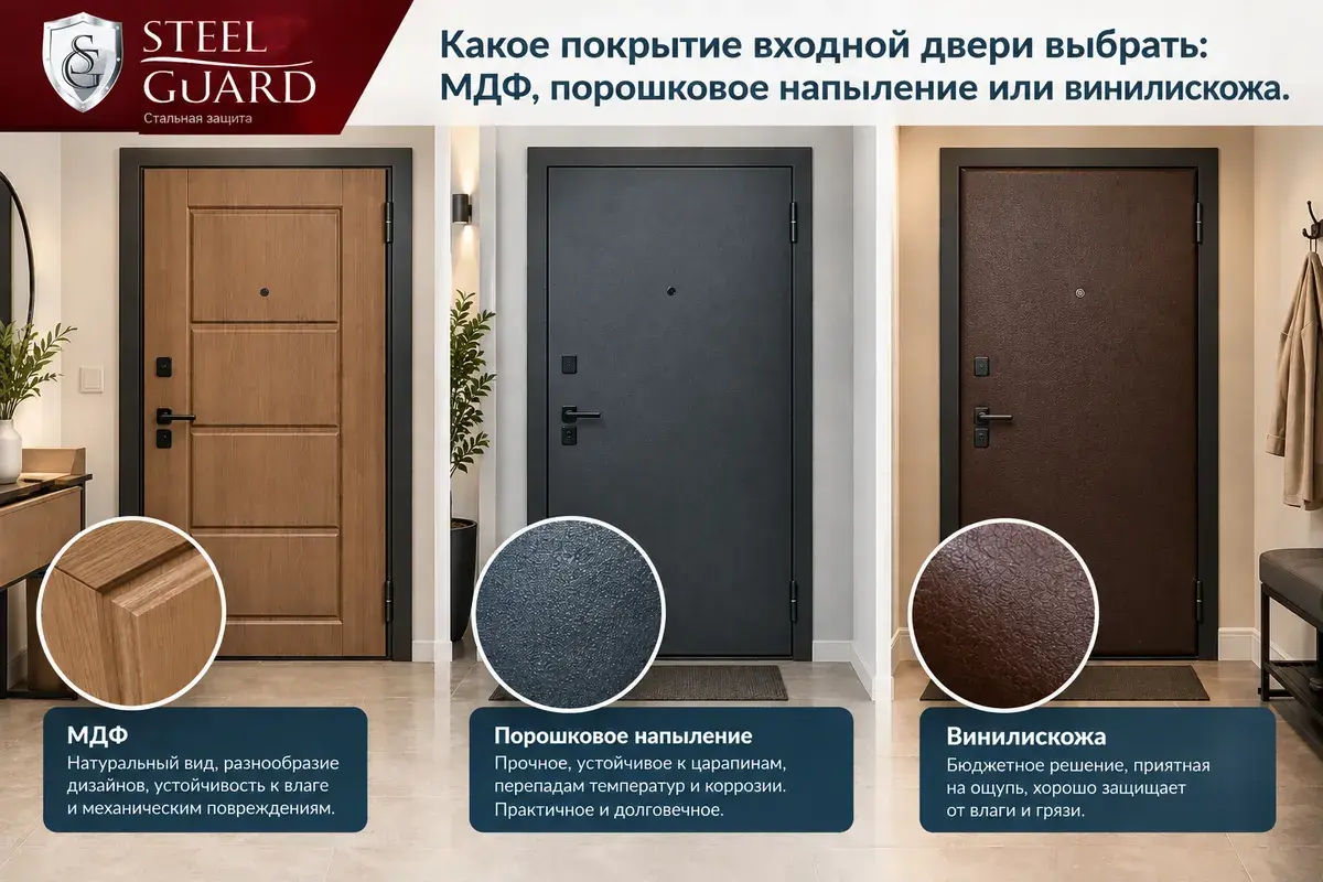 Иллюстрация к статье: какое покрытие входной двери выбрать.