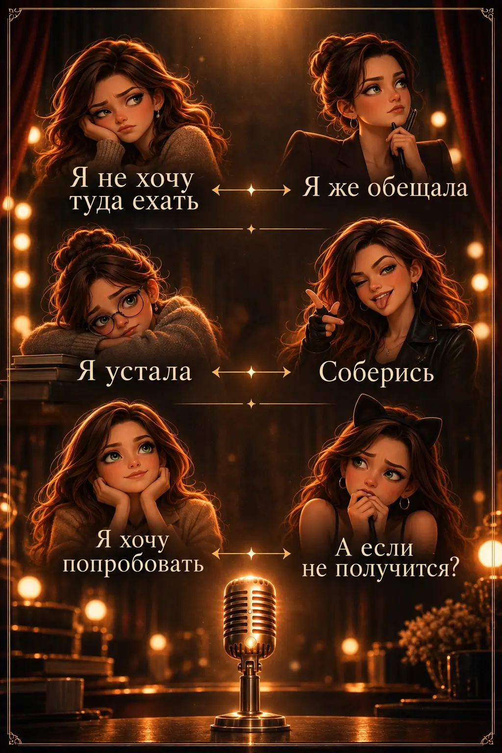 Шесть женских образов и три пары внутренних реплик: «Я не хочу туда ехать» и «Я же обещала», «Я устала» и «Соберись», «Я хочу попробовать» и «А если не получится?»