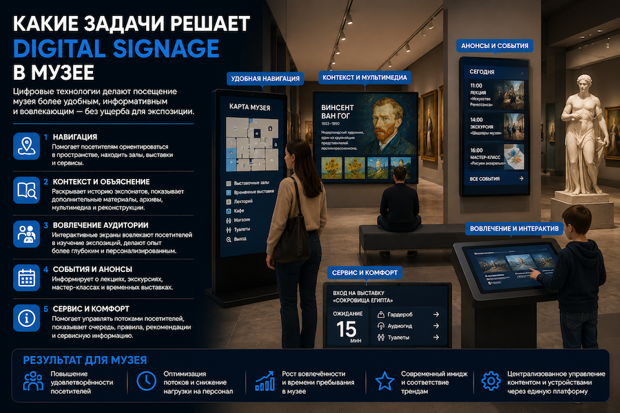 Люди в музее, где расположены digital signage