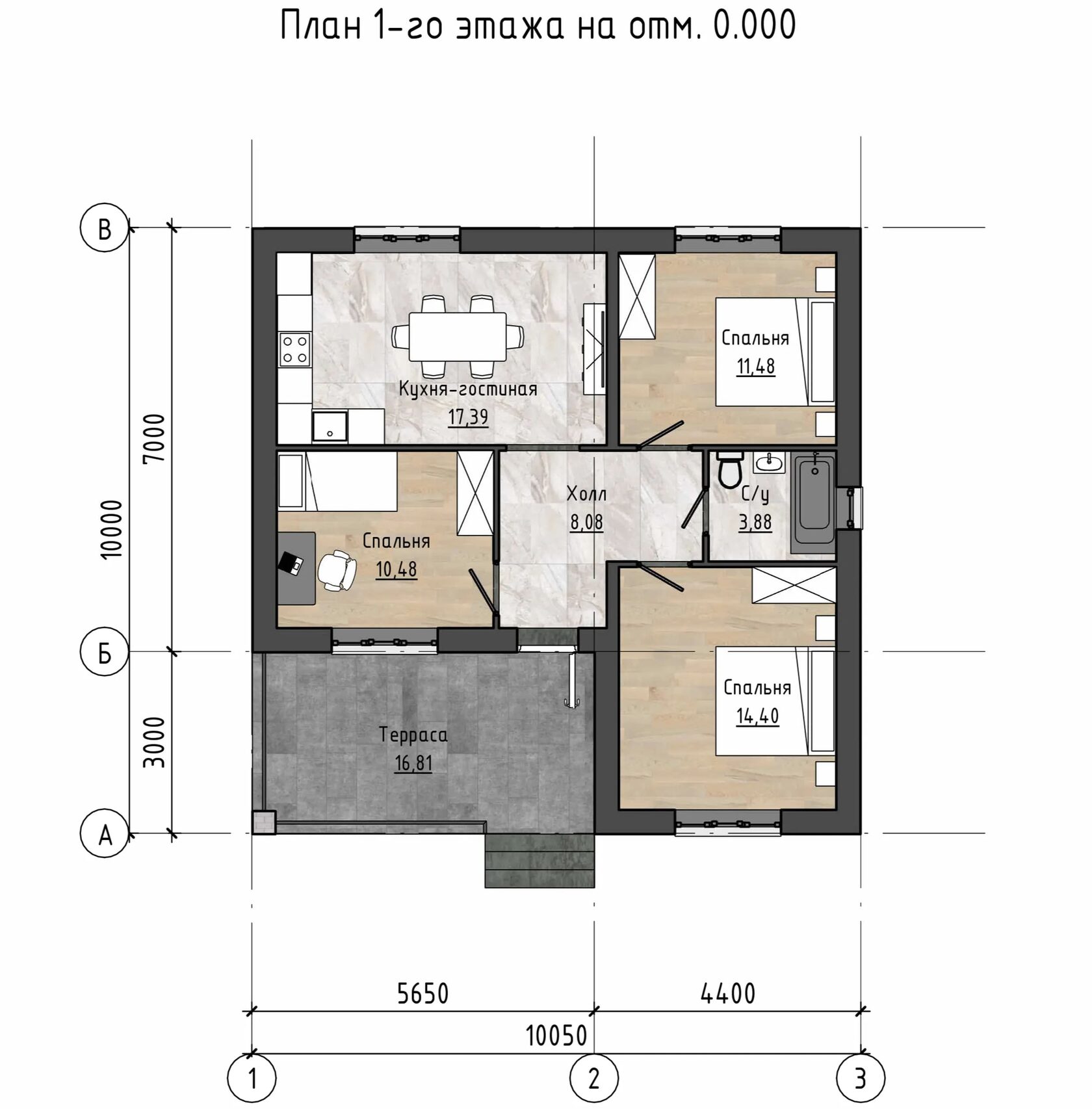 Планировка одноэтажного дома с тремя спальнями, совмещенным санузлом, кухней-гостиной и террасой