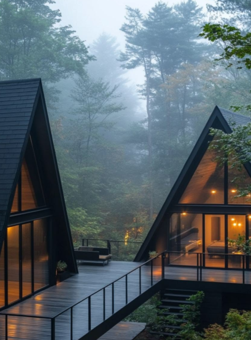 A-frame дом в лесу с панорамными окнами и деревянной декой