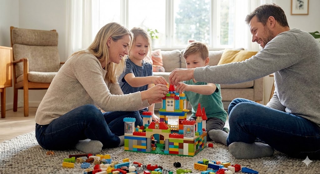 Семья собирает замок из конструктора LEGO на полу