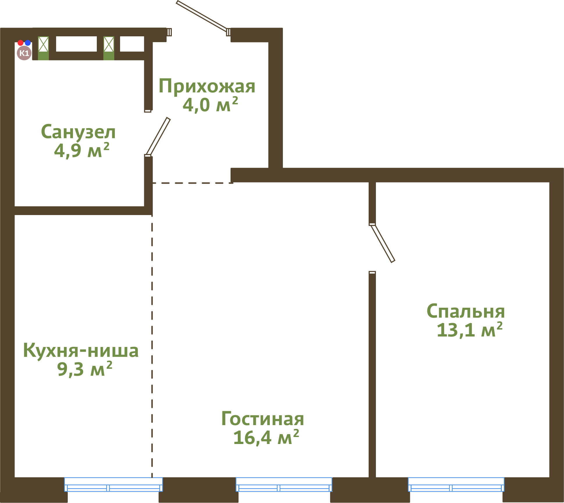 Планировка 2-комнатной квартиры 47,70 м²
