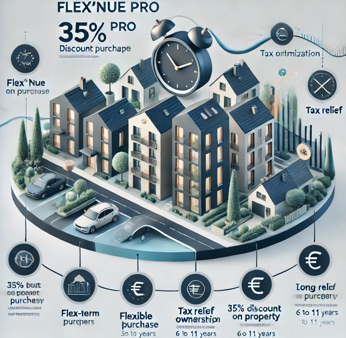 The image illustrates the concept of Flex’Nue Pro through visuals of modern buildings, financial symbols (discounts, euros, tax benefits), and a timeline (6–11 years), highlighting the key advantages: investment flexibility, tax optimization, and long-ter