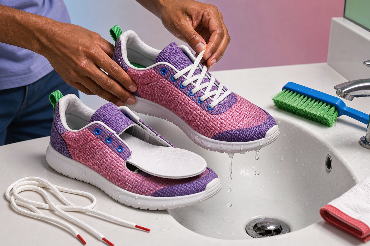 close-up of hands removing laces and insoles from a pair of textile sneakers over a sink, with a soft brush and water droplets visible