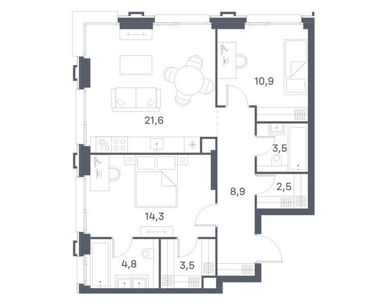 Планировка квартиры с 2 спальнями 70 м² в ЖК Portland: корпус 5, секция 1, 3-й этаж