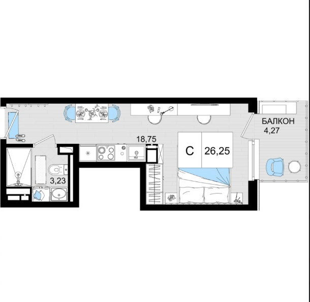 Планировка студия 26,25 м²