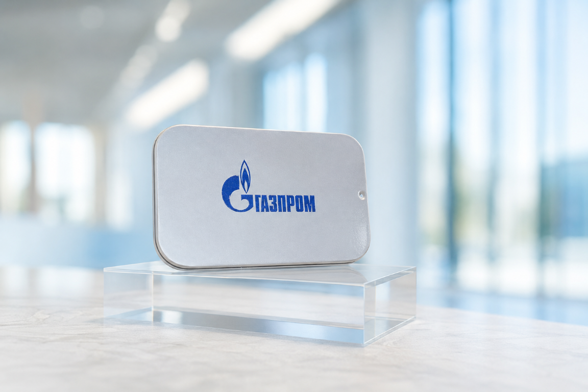 Розовое драже в открытой металлической банке с фирменным логотипом «Газпром»