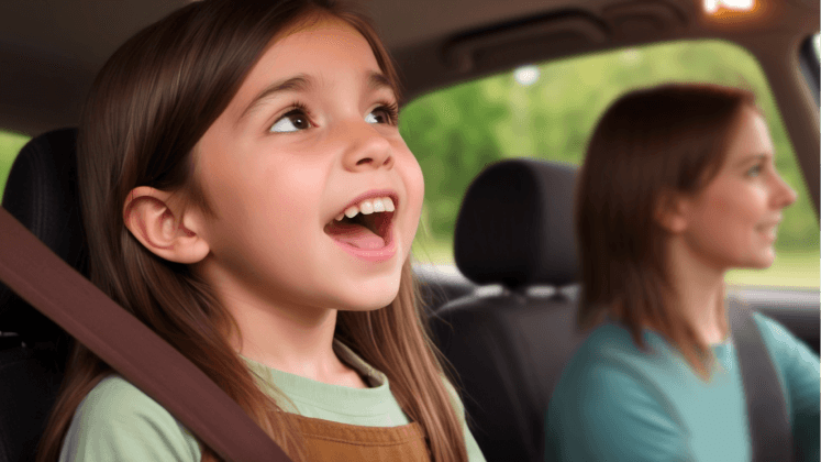 Эмоциональный момент: девочка в машине поет, мама за рулем, радостная сцена автомобильного путешествия