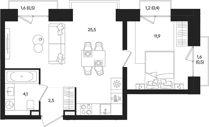 2‑комн евро‑квартира ~47 м²