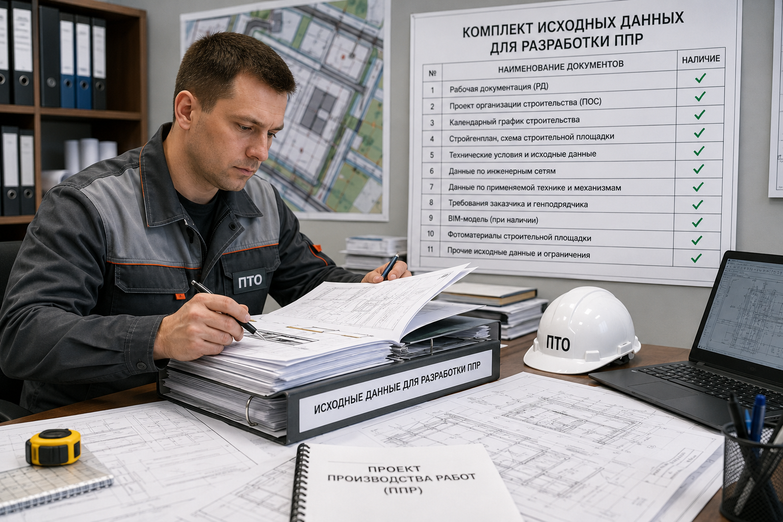 [Изображение: инженер ПТО проверяет комплект исходных данных для разработки ППР]