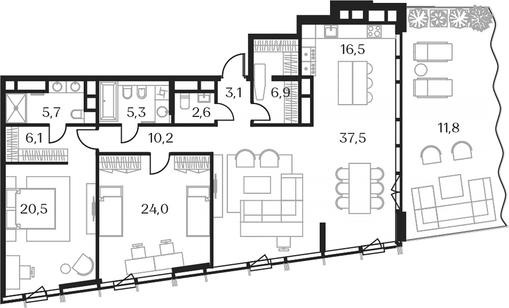 3-комн. + терраса — 150 м²