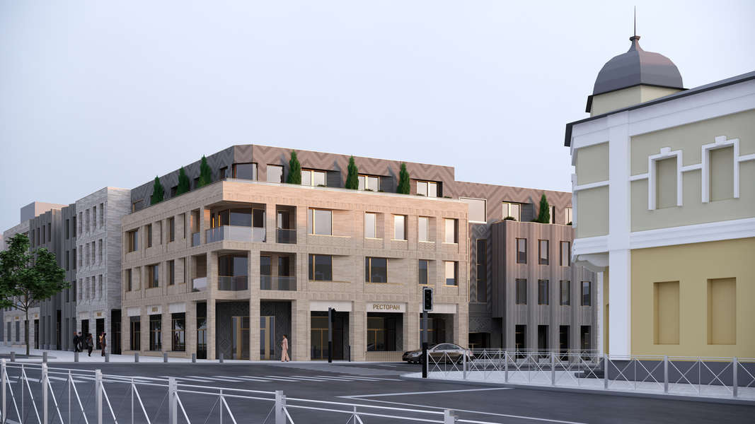 Проект офисного здания: вид со стороны улицы, витражи, навигация входов и общественное пространство у фасада