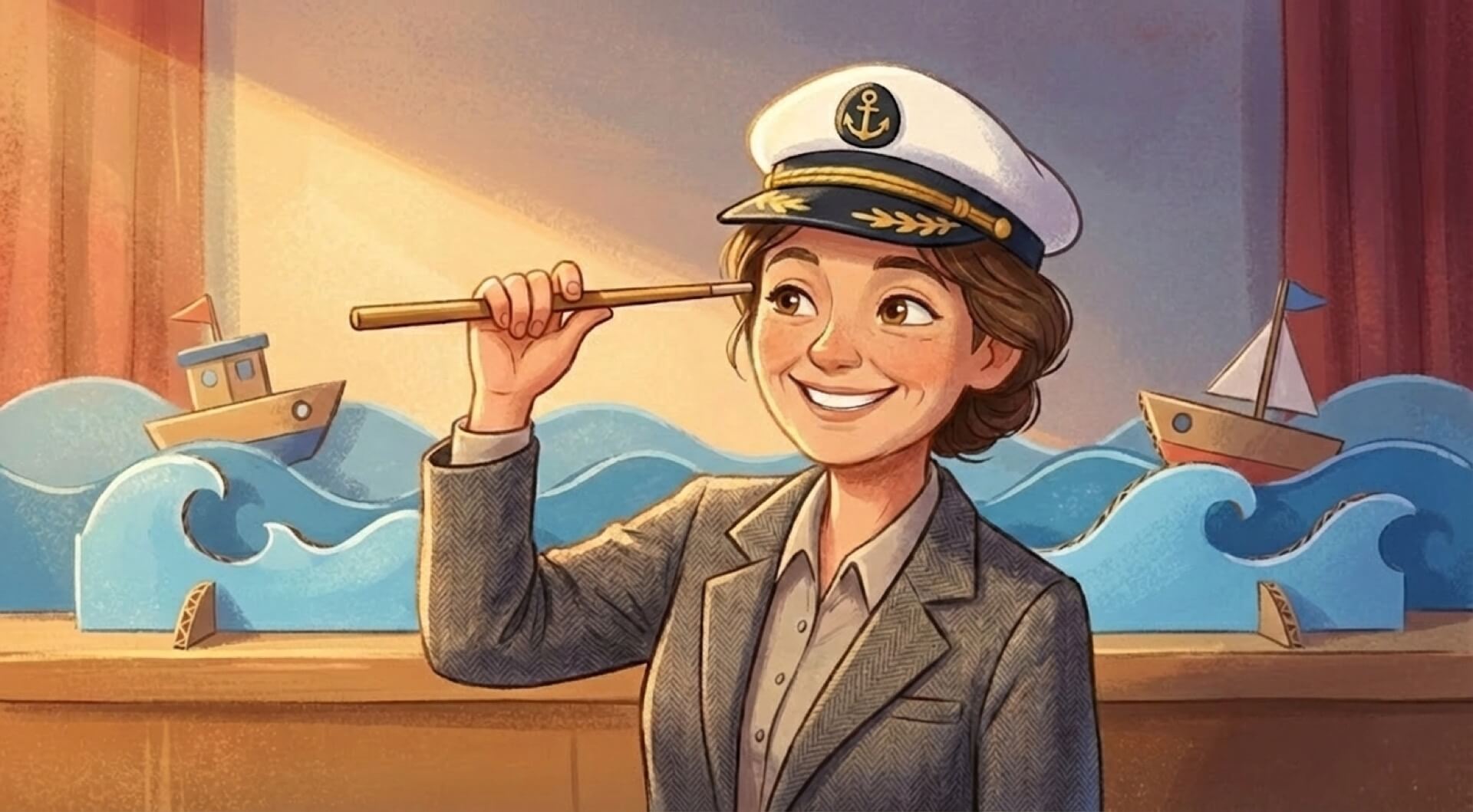 Учительница Елена Владимировна на сцене, уверенно смотрящая в «горизонт» в свой телескоп-указатель, залитая теплым светом заката.