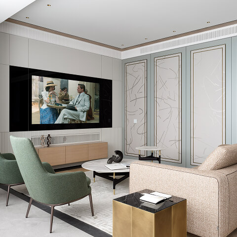 Интерьерный телевизор Теле-Арт за чёрным стеклом в светлой гостиной. Под экраном скрыт саундбар за декоративными рейками — техника интегрирована в дизайн.