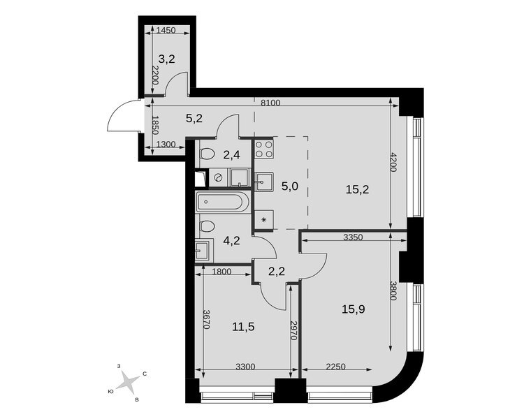 Планировка 3-комнатной квартиры 64,8 м² в ЖК «Амбер Сити»: корпус 6, секция 1, 4-й этаж