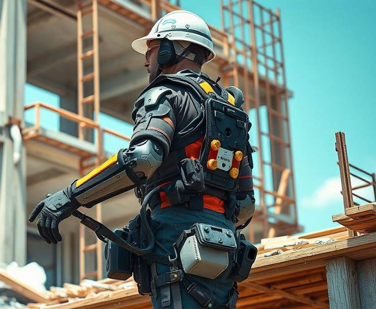 Engineer in exoskeleton at construction site