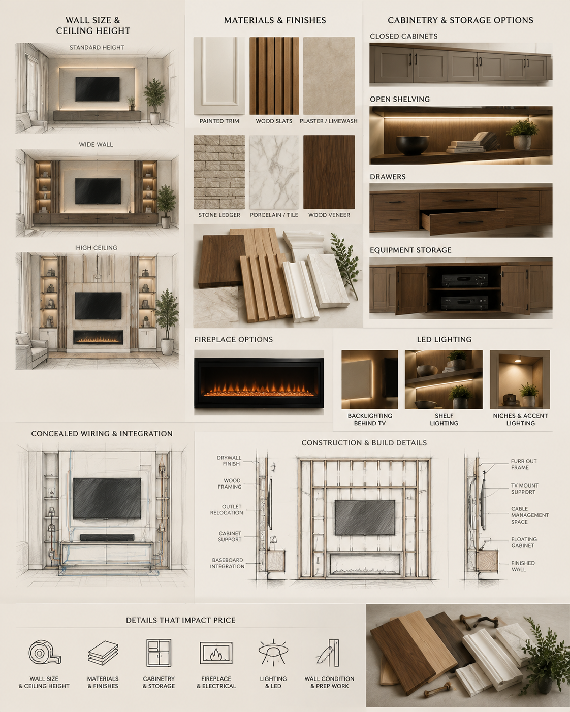 Custom media wall planning board showing wall sizes, materials, cabinetry, fireplace options, lighting, concealed wiring, and construction details.