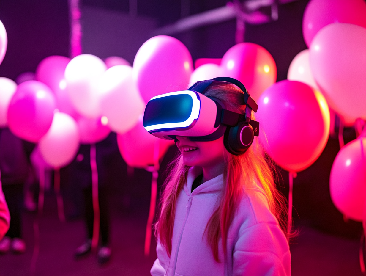 Девушка в белой рубашке и VR-шлеме погружена в виртуальную реальность в клубе VR
