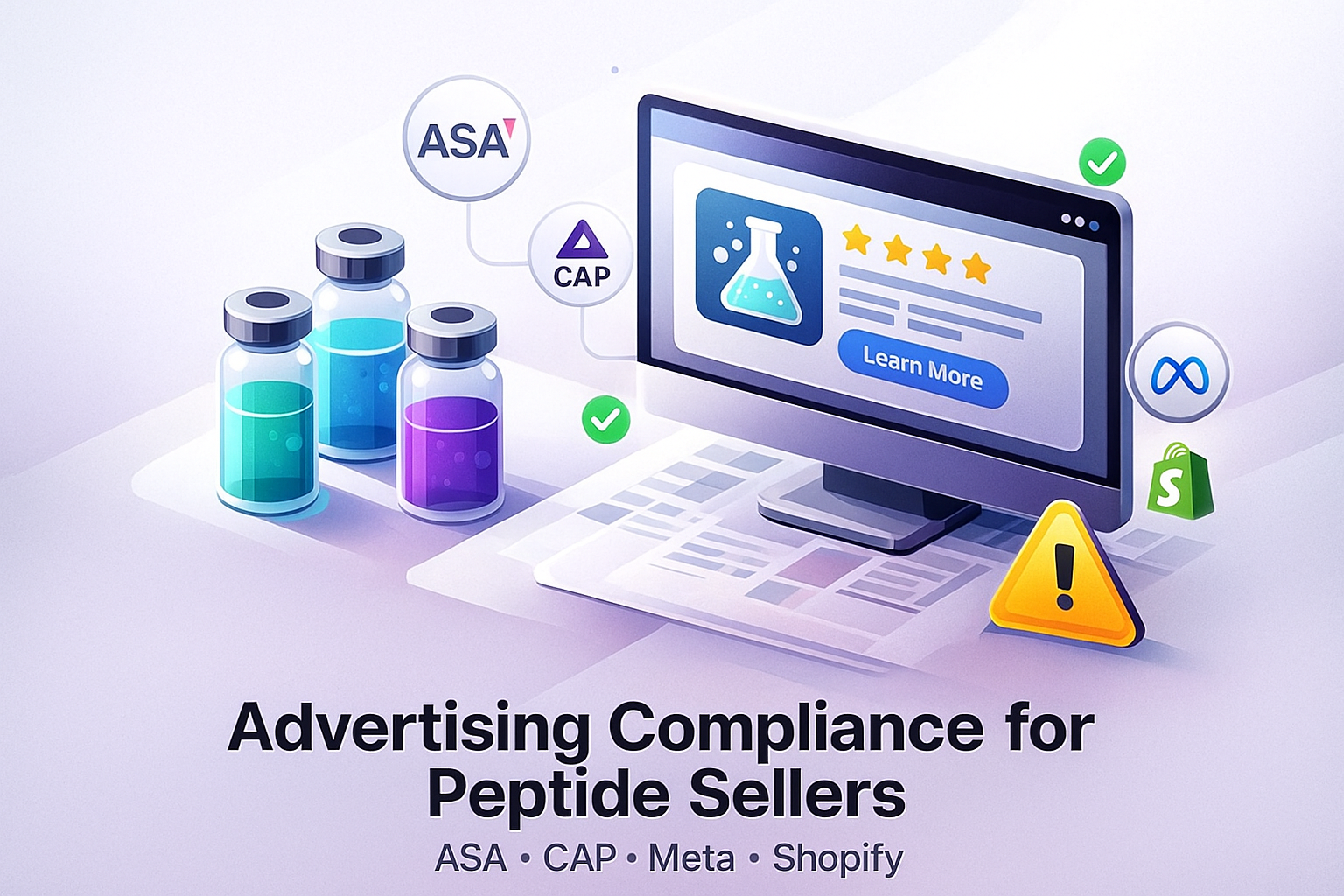 Vector illustration showing peptide vials next to ASA, CAP, Meta, and Shopify advertising compliance icons, with a computer screen displaying a safe research-use ad and warning symbol.