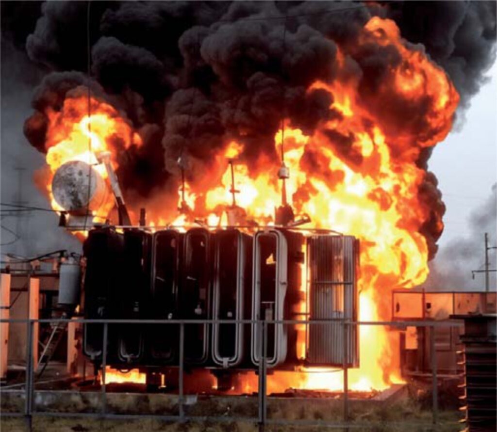 Пример пожара трансформатора в результате возникновения внутреннего повреждения