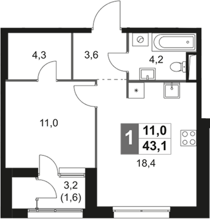2-комн — 43,1 м²