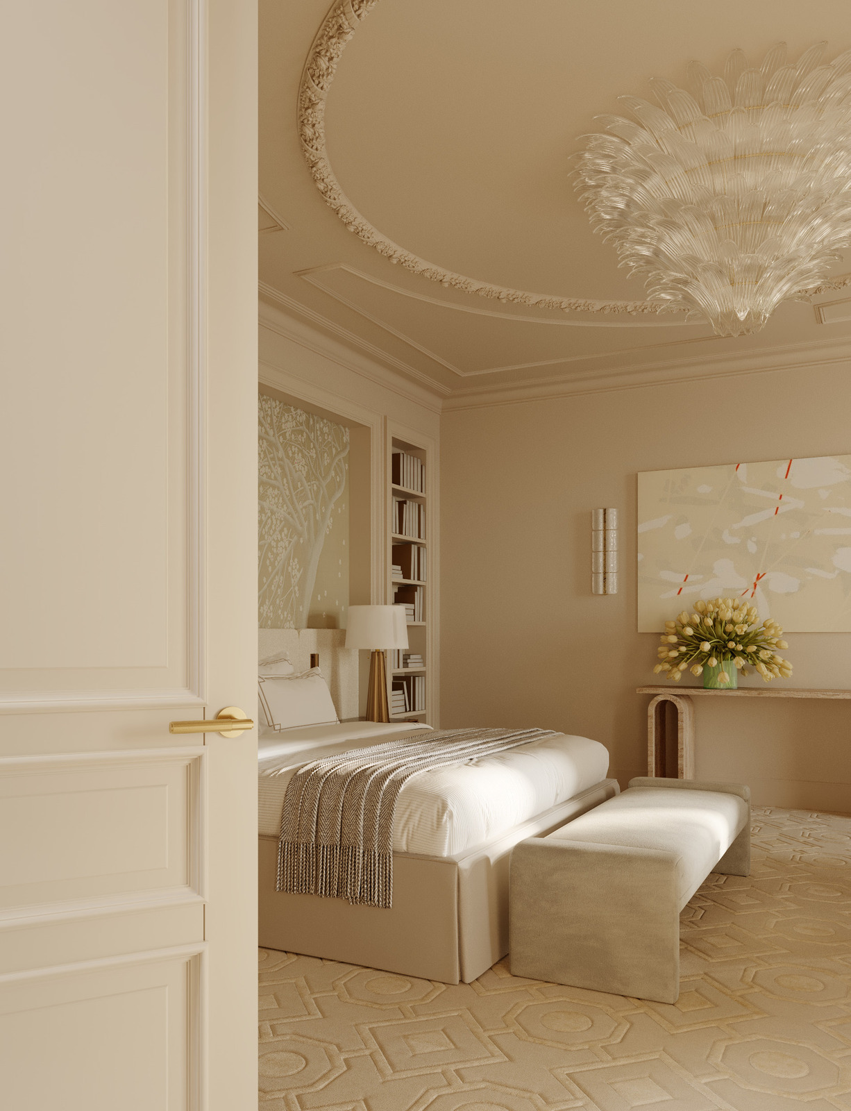 Светильник Barovier&amp;Toso, гипсовая лепнина в интерьере спальни загородного дома дизайнера Екатерины Фёдоровой