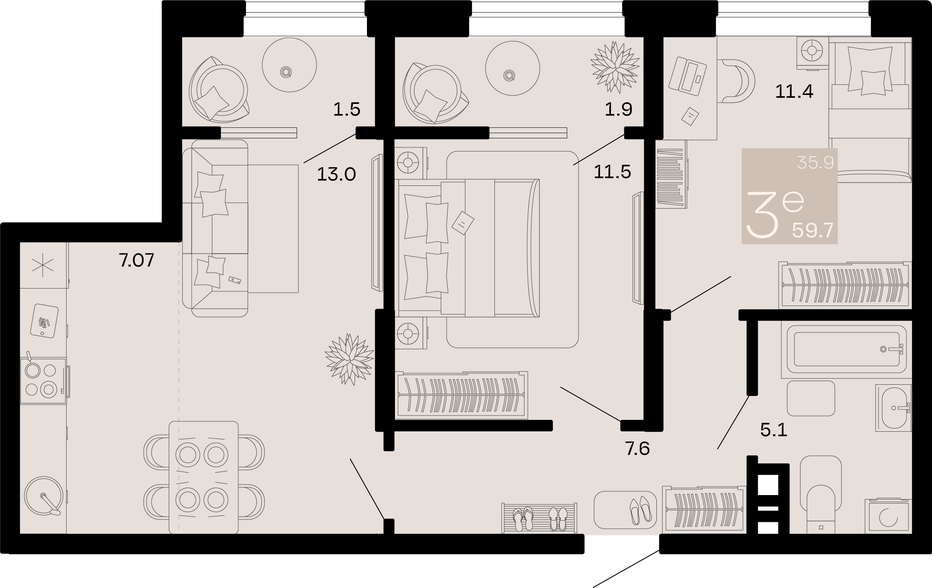 Трёхкомнатная квартира 59.7 м²