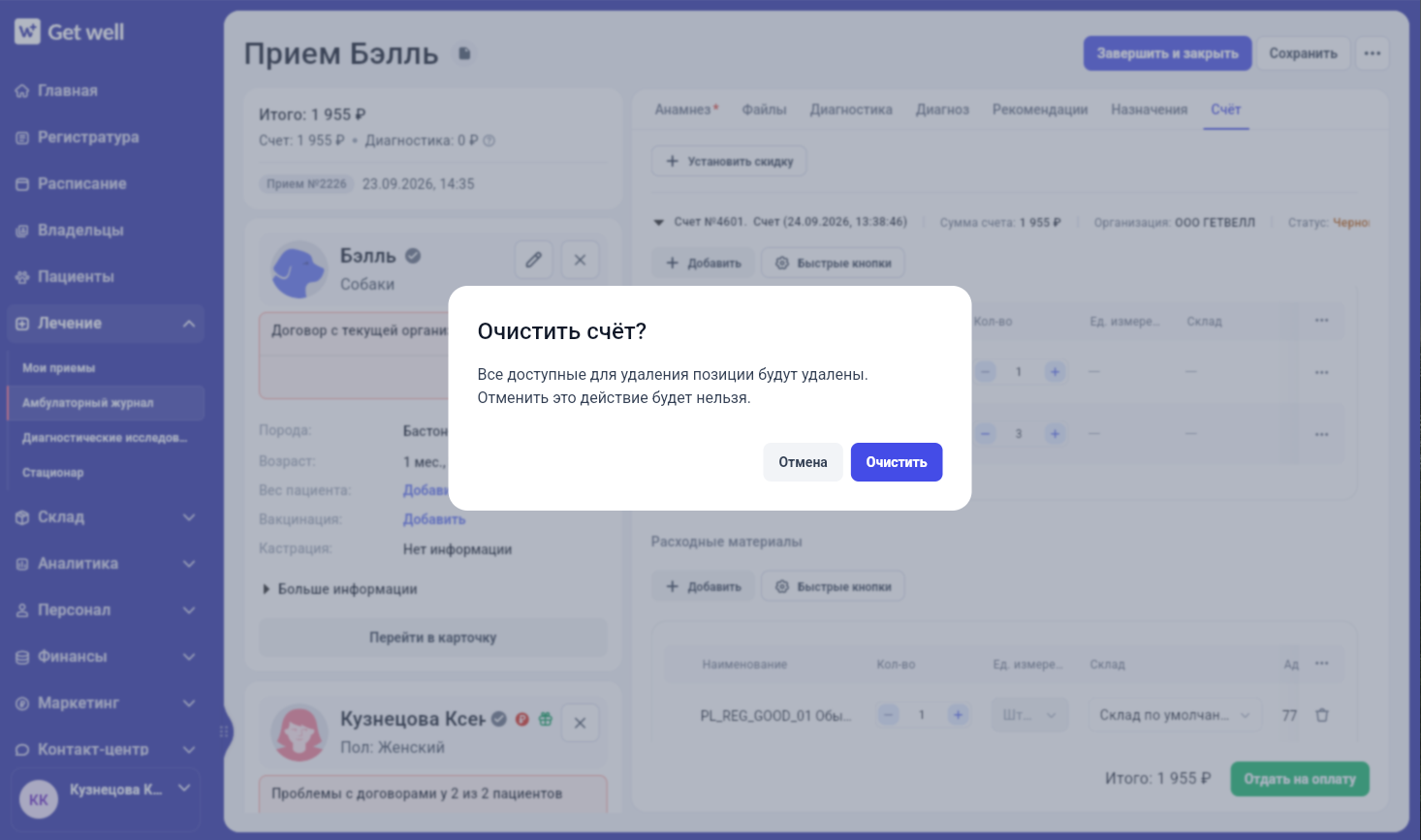 Подтверждение очистки позиций в Get Well