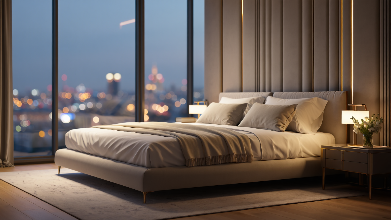 Люксовая спальня с панорамными окнами на вечернюю Москву: мягкое изголовье с вертикальными панелями, тёплая подсветка в теневых швах, лаконичные тумбы — атмосфера тишины и комфорта.