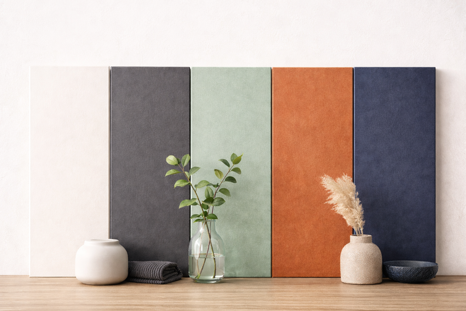 Современные крашеные панели МДФ в актуальных цветах 2026 года: тёплый белый, графитовый серый, пастельно-зелёный, терракотовый и глубокий синий в интерьере.