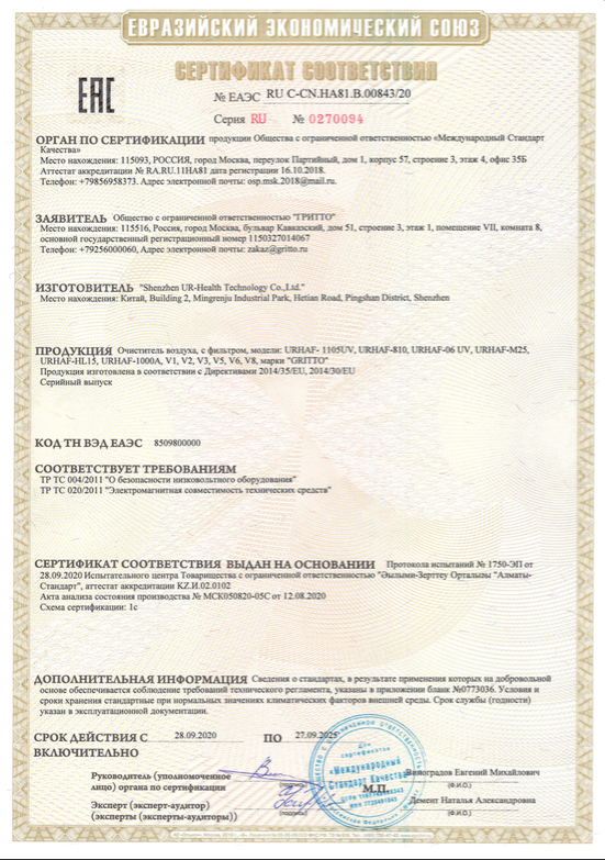 Сертификат Соответствия для рециркуляторов-очистителей воздуха марки GRITTO (рекомендовано Роспотребнадзором)
