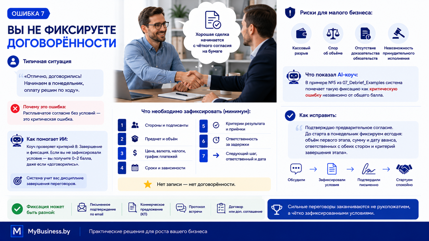 Ошибка 7 в переговорах: отсутствие фиксации договорённостей. Инфографика показывает 7 пунктов для записи: стороны, предмет, цена, сроки, критерии, ответственность, следующий шаг. Риски для малого бизнеса: кассовый разрыв, спор об объёме. AI Negotiation Coach проверяет критерий 8 из скоркарда. MyBusiness.by