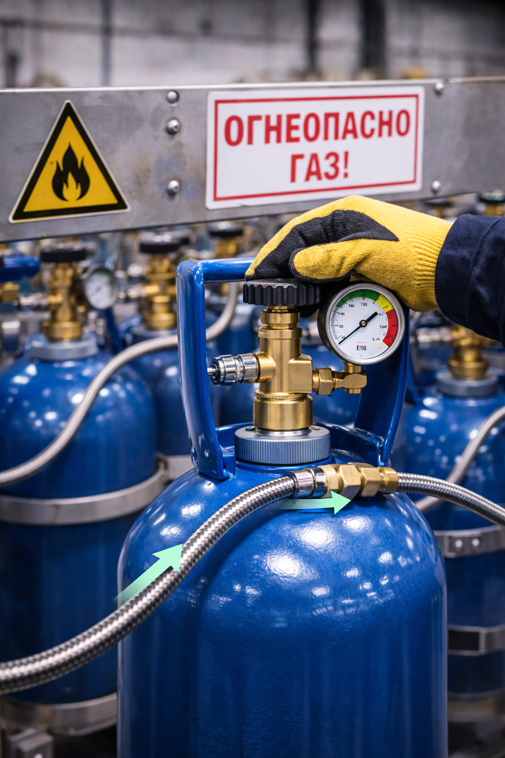 Газовые баллоны, аккуратно размещённые на металлических стойках в зоне хранения промышленного склада.