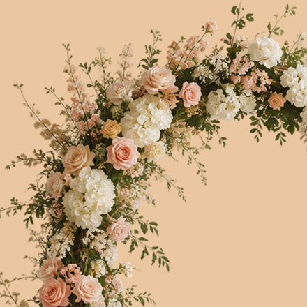 Floral wedding arch with peach and white roses