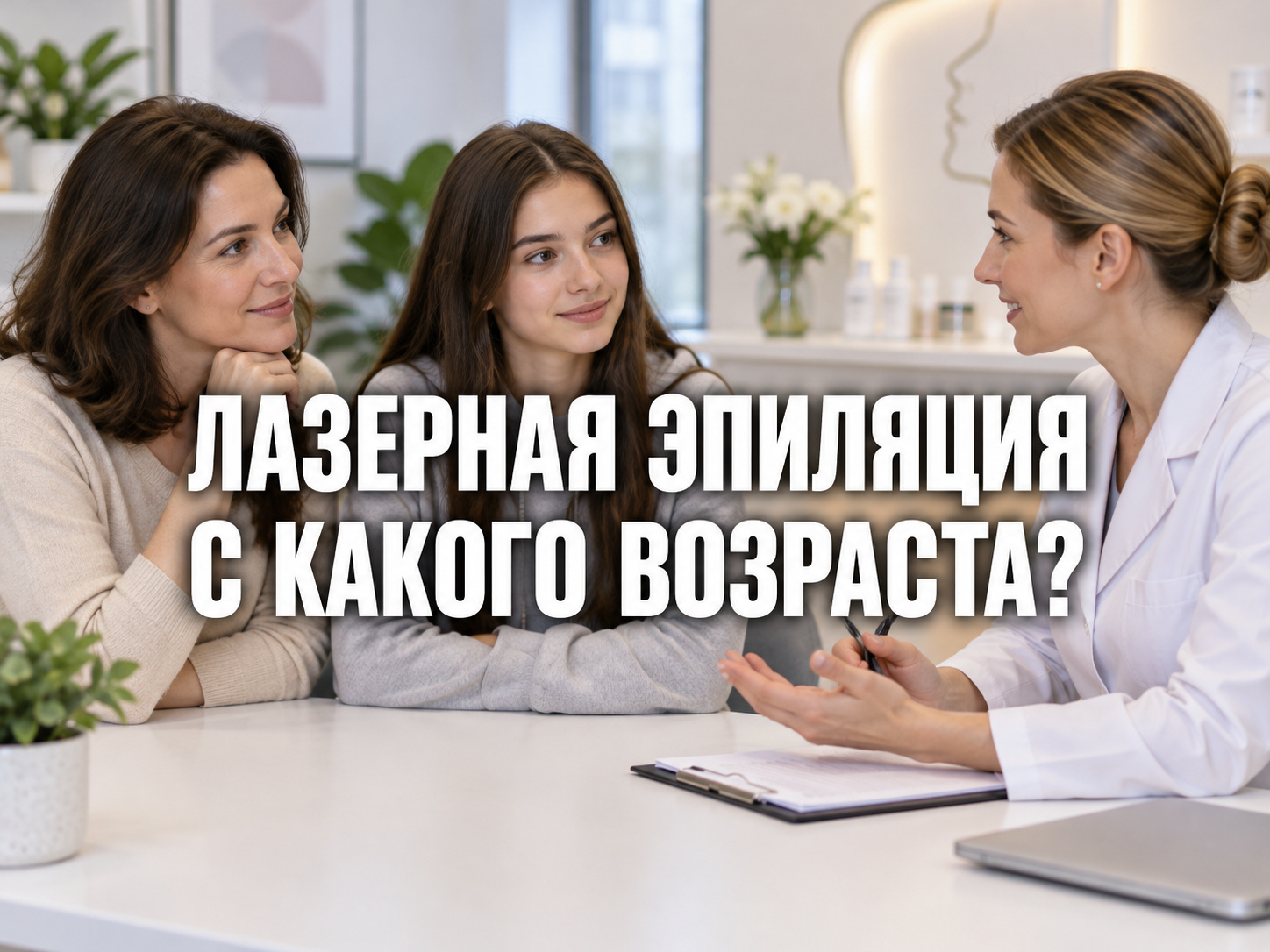 Родитель, подросток и специалист обсуждают процедуру; по центру крупная фраза «ЛАЗЕРНАЯ ЭПИЛЯЦИЯ — С КАКОГО ВОЗРАСТА?»