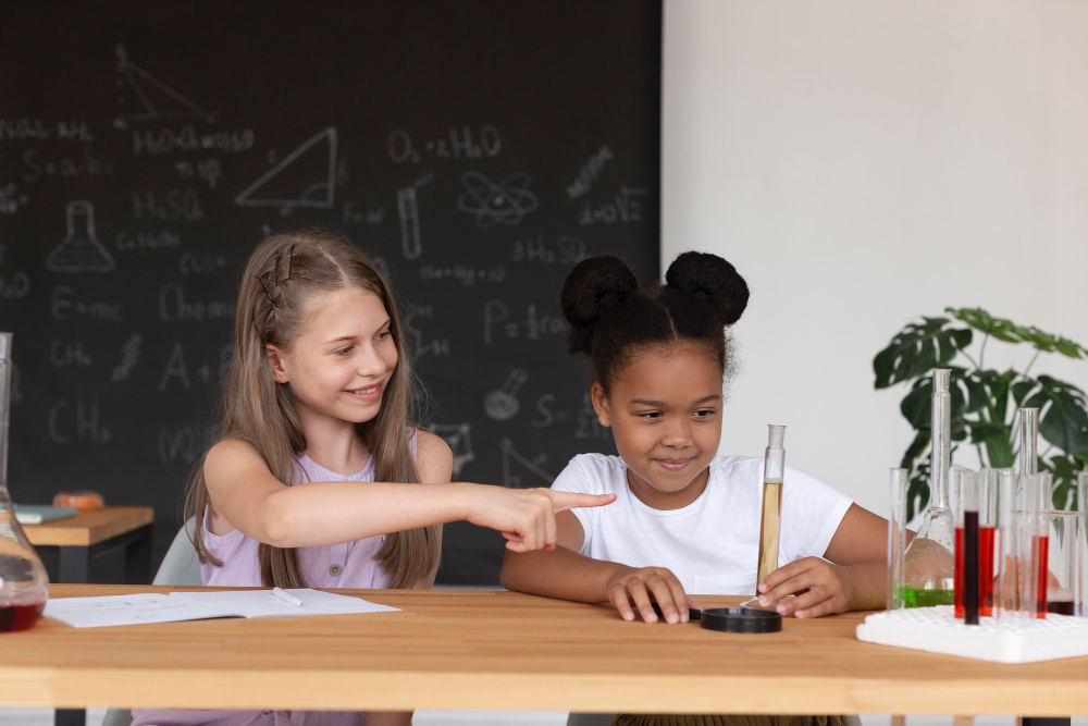 Two schoolgirls are doing a science experiment in the classroom.
