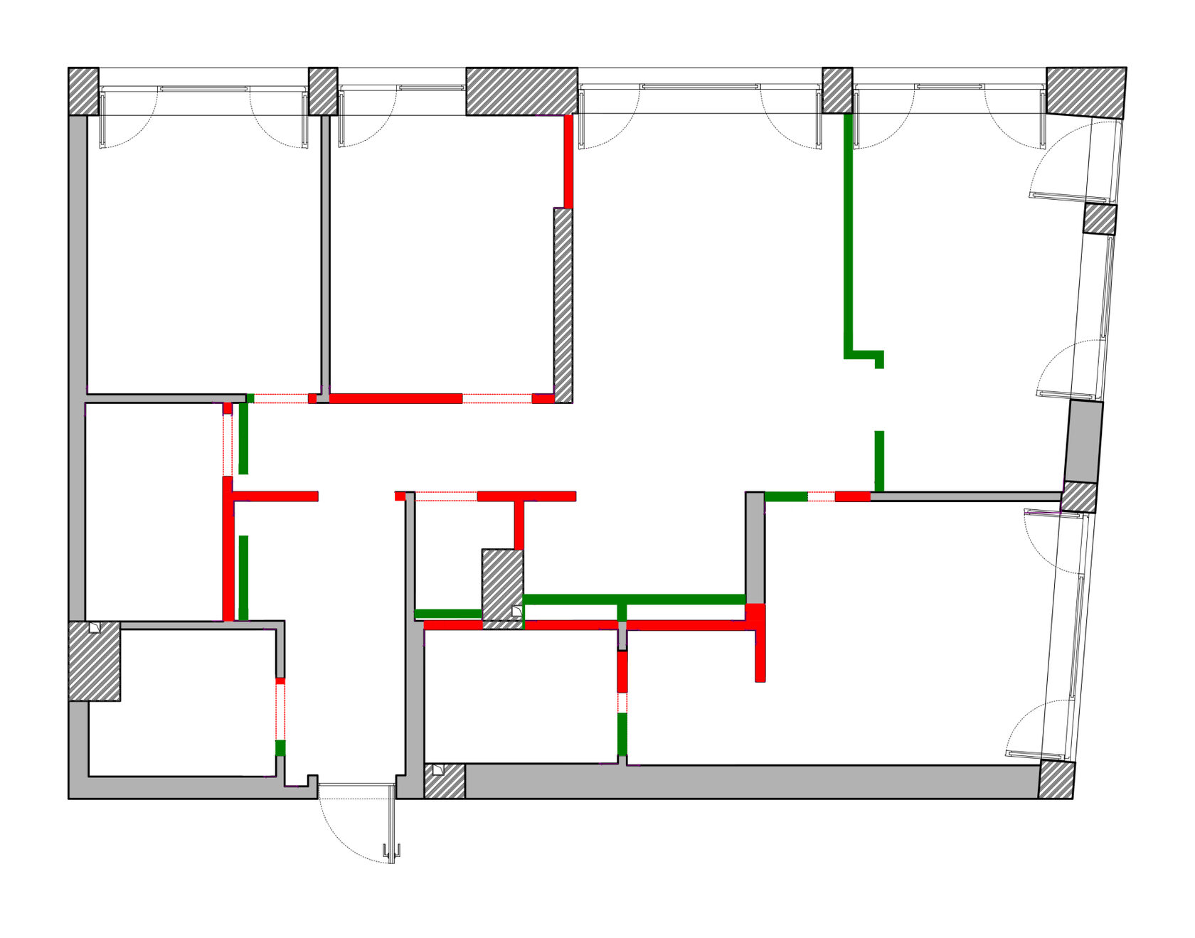 Plan de démolition et construction montrant la restructuration de l’appartement et l’ouverture de la cuisine