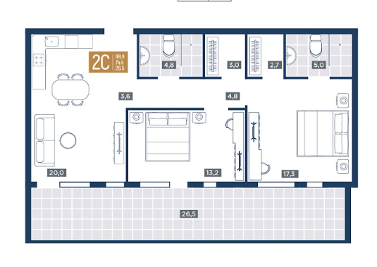 Планировка 2-комнатная 98.9 м²