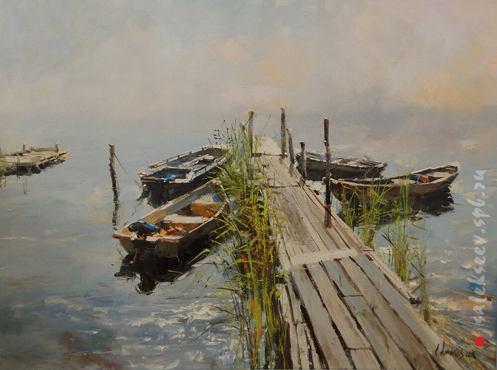 Silent pier. On the lake. Oil on canvas, 60x80 cm