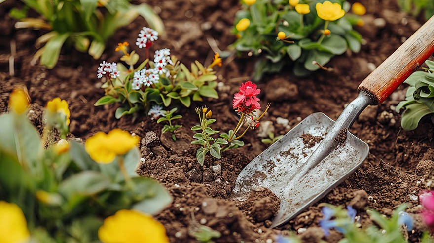 Gardening tools in action, featuring a shovel digging in soil surrounded by colorful flowers, illustrating essential gardening techniques for home vegetable gardens.