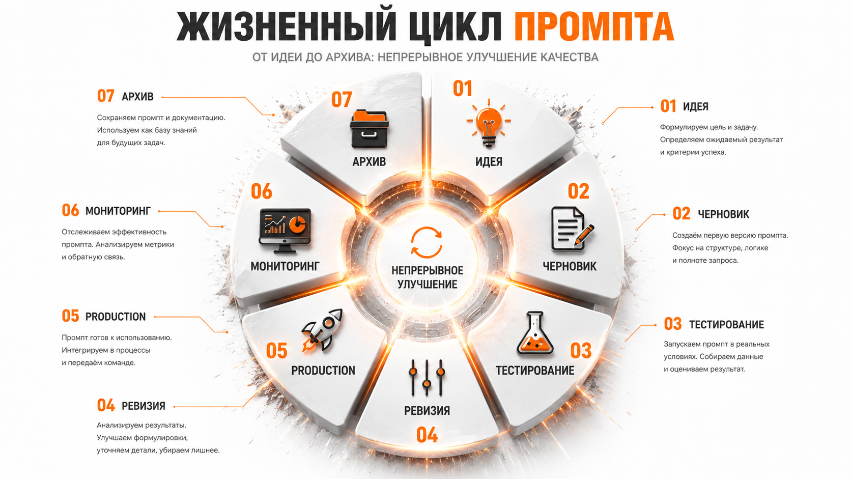Инфографика: жизненный цикл промпта от идеи до production — круговая диаграмма с этапами в серо-оранжевой гамме