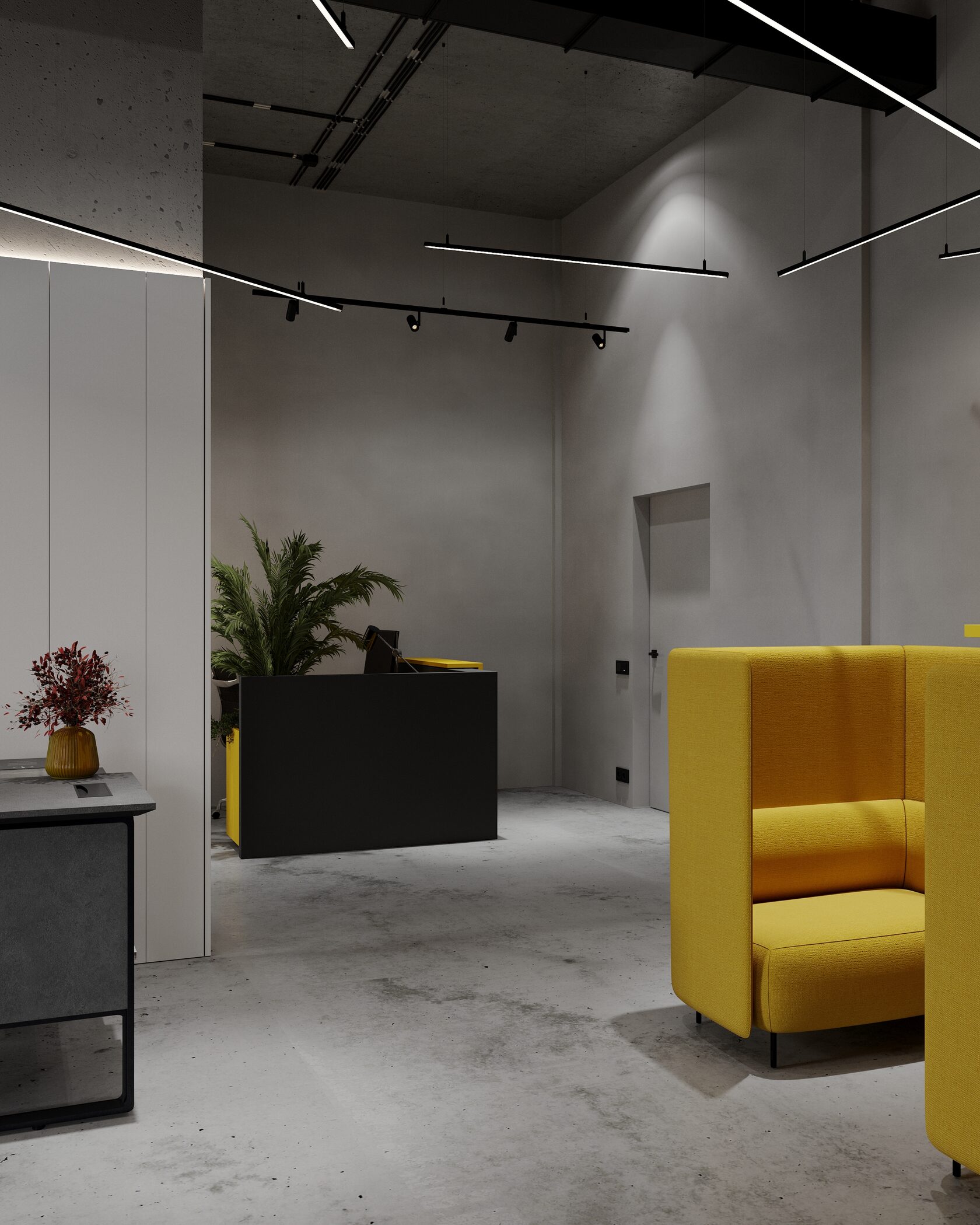 желтый диван в офисе интерьер 